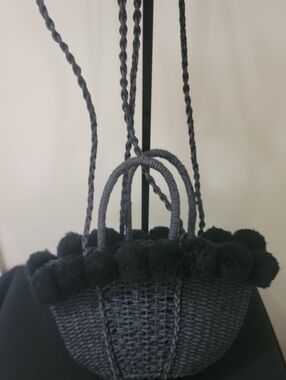 TopShop Black Pom-Pom Woven Tote Bag